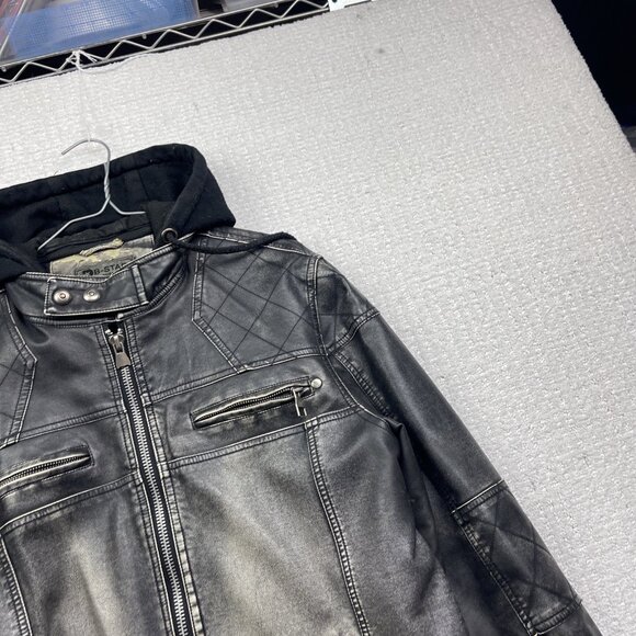 VTG B-STAR Faux Leather Moto jacket Distressed Punk Military Quilted Hood Sz S** - Picture 5 of 14